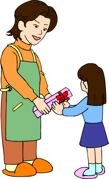 The cartoon depicts a woman holding out two gifts to a child who is handing them back with an expression of surprise on her face; both characters appear happy in this moment captured from their interaction within what seems like a domestic setting, possibly during Christmas time given the presence and contextual use of presents.