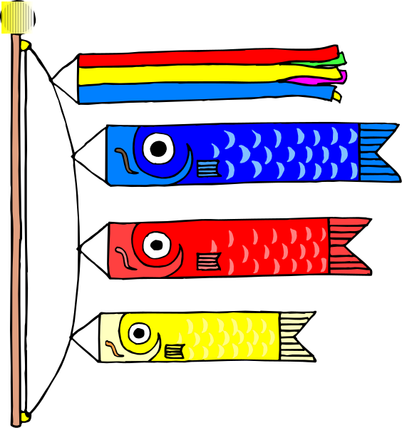 The image shows a collection of four colorful fish flags hanging on a black background with their tails pointing upwards towards an unseen object at top center.