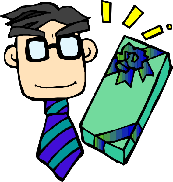The image shows a cartoon character with glasses holding an open gift box that contains what appears to be jewelry; there's also another closed present in front of them.