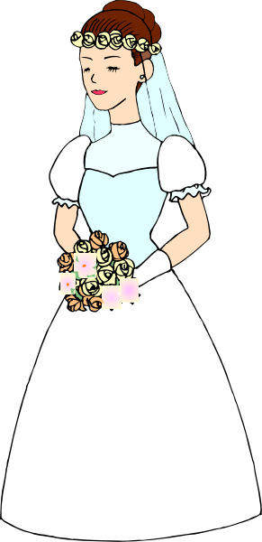 The image shows a cartoon illustration of a woman wearing an elaborate white wedding dress with lace details and holding flowers in her hands; she is standing against a dark background that has diagonal lines creating shading effects, giving depth to the figure.