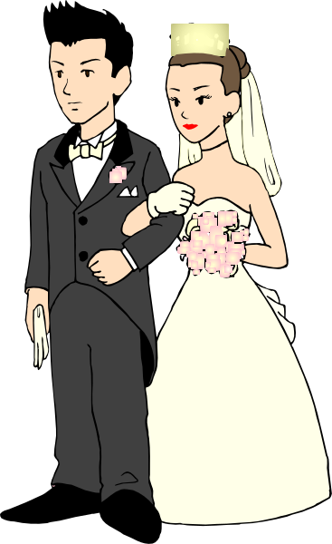 The black and white illustration shows a bride wearing her wedding dress with veil down to waist level holding hands with groom in tuxedo who is also dressed formally for their special day; both stand together against dark background, smiling at each other as if posing for photo.