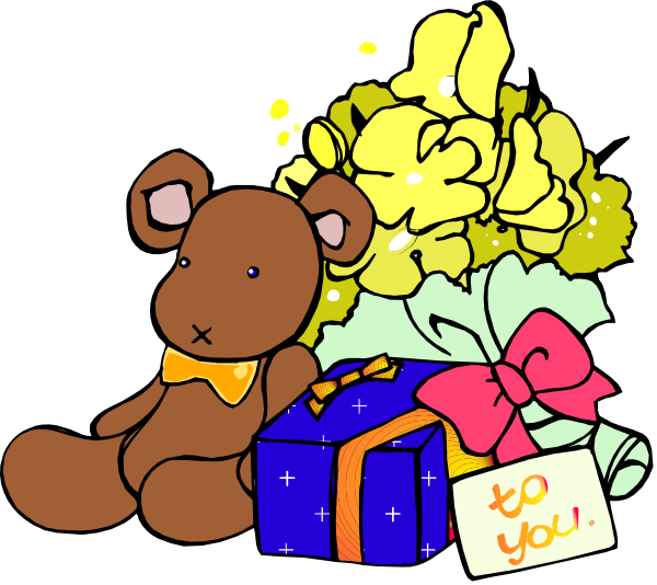 The image features a brown teddy bear sitting next to an arrangement of flowers with yellow roses on top, blue ribbon around them, and two small gifts wrapped in white paper tied together at one end; there is also a card that says "to you" placed among or near the presents.