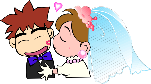 The image shows a cartoon couple with exaggerated features; both characters have large eyes and stylized hair. They appear to be in an affectionate pose, possibly hugging each other while standing close together. One character is wearing what seems like a wedding veil over their head, suggesting they are celebrating or participating in a marriage ceremony. The background of the image has no distinct features; it's plain and does not provide any additional context about setting or environment beyond being an abstract backdrop for this couple.