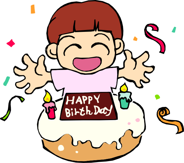 The image shows a cartoon of an animated character celebrating their birthday with candles on top of cake that has "Happy Birthday" written in black icing. Confetti is falling around them as if it's raining, and there appears to be joyful excitement conveyed by the pose of arms spread wide open. The background suggests a festive atmosphere typical for birthdays with colorful confetti scattered throughout. There are no other objects or people visible in this image; only one character is present who seems happy about their birthday celebration.