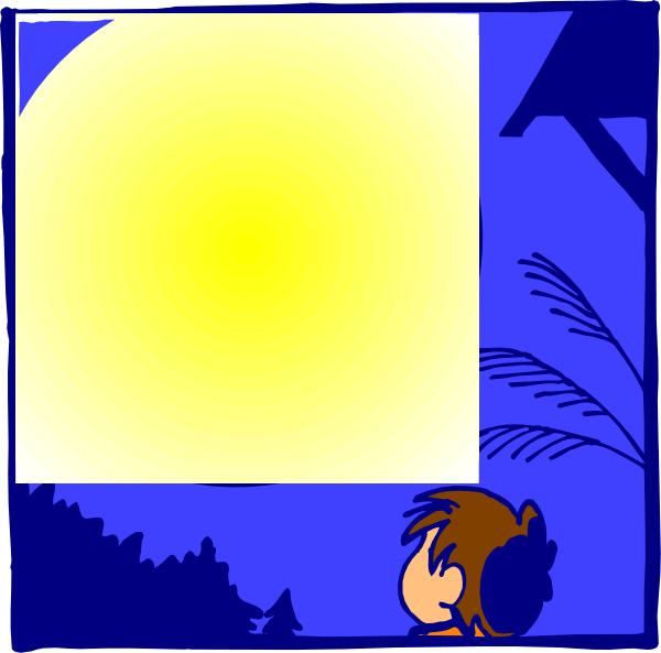 The comic strip shows a character looking at an orange sunset through a window with palm trees outside under a blue sky during dusk.