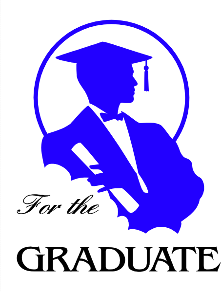The image shows a black and white logo with an emblem of graduation cap on top left corner featuring silhouette of man in suit holding diploma scrolls under his arm.