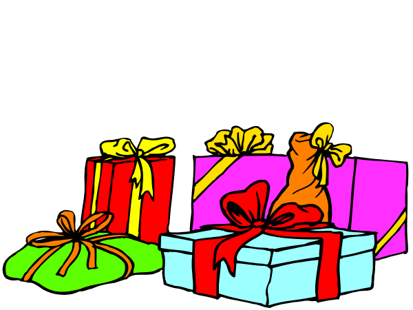 The image shows a colorful scene with presents wrapped up under bows on top of boxes, suggesting it's Christmas time; there is no text present in this clip-art illustration.