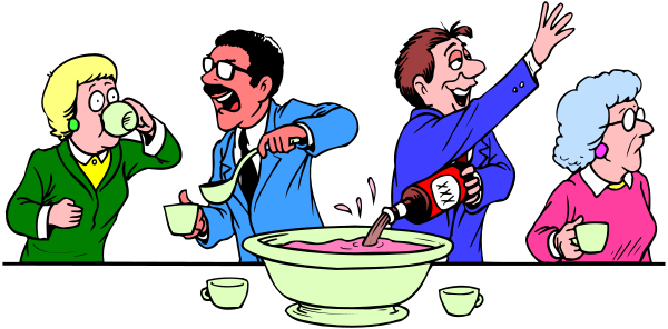 The cartoon shows a group of four animated characters at an indoor party: two men standing near each other with drinks; another man gesturing towards them while holding his drink in one hand and pointing to something off-camera, possibly indicating someone's attention being drawn away from him or the conversation he is having. A woman stands nearby looking onwardly as if she has just joined the group or overheard their discussion. The setting includes a dining table with cups of drinks placed upon it; there are also bowls and what appears to be cake, suggesting that this might be an informal