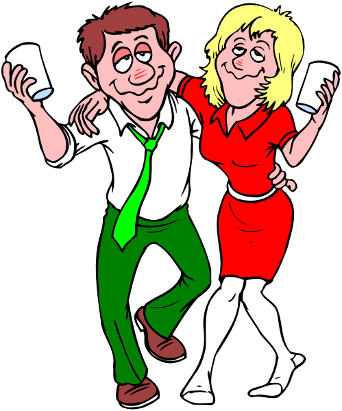 The cartoon shows a man wearing green pants holding two cups of beer while standing next to an animated woman who is also drinking from one cup; both characters appear relaxed with their arms around each other in what seems like a social setting, possibly at home during leisure time or after work hours.