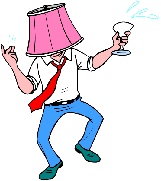 The cartoon depicts a man with his head inside an oversized lamp shade holding what appears to be water droplets in one hand while making a peace sign gesture with another; he is wearing glasses on top of his hat and has red hair, dressed casually in blue jeans and white shirt.