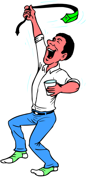 The cartoon shows a man with his arms raised high above him while holding an object that appears to be on fire; he is laughing heartily as if enjoying himself despite being in danger from the flames.