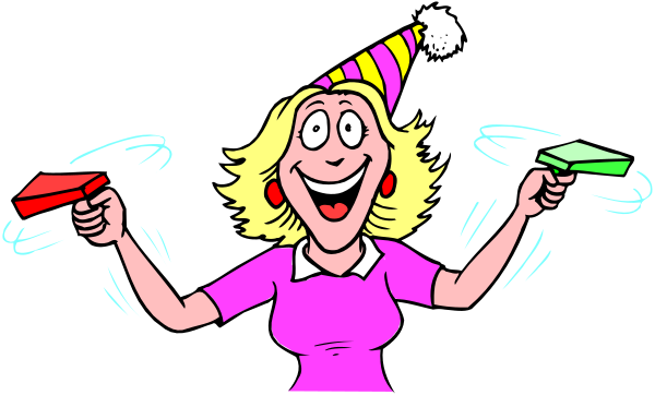 The cartoon shows a woman with blonde hair wearing glasses holding two green party hats while standing on what appears to be an escalator; she is also spinning her arms in excitement as if dancing.