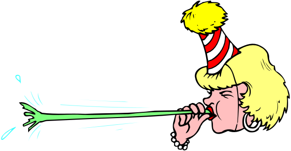 The image shows a cartoon of two characters: an adult woman with blonde hair blowing out candles on her birthday cake while another character is shooting confetti at them from behind their back.