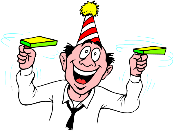 The cartoon shows a man with exaggerated facial features holding two green party hats while making an animated gesture of throwing them up in the air; he is wearing a suit jacket but no shirt underneath it.
