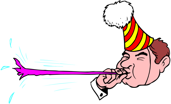 The image shows a cartoon of two men blowing out candles on what appears to be a birthday cake with party hats; one man is making an exaggerated face while another blows out the candle in front of him, creating a trail effect from his breath and sparking sparks around it.
