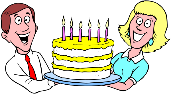 The image shows three cartoon characters celebrating a birthday with cake: on left is an adult male holding up sheet music; in center stands another adult female presenting yellow-frosted cake to man; right side features smiling woman and child, both looking at camera while standing behind plate of sliced cake.