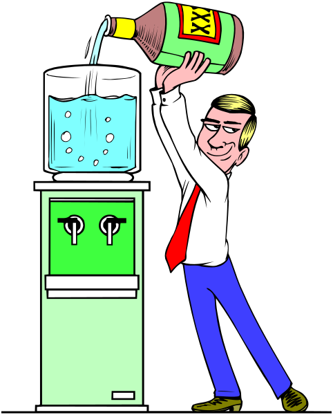 The illustration shows a man pouring liquid from an open bottle into another container that is placed on top of what appears to be a small refrigerator in front of him. He's standing next to it, and there seems to be some kind of machine or appliance behind them both with bubbles coming out of the bottom part. The setting looks like a kitchen area due to these elements.