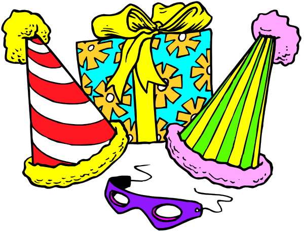 The image shows a collection of party items including confetti cannons with streamers coming out, colorful birthday cake candles in various shapes like stars and hearts, wrapped gifts adorned with bows, and decorative masks resembling eyes and lips.