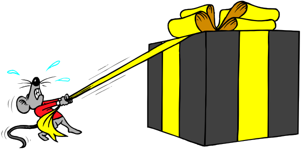The cartoon shows a mouse opening an oversized gift box with its paws while another mouse looks on from inside; there is no text present in this image.