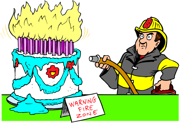 The cartoon shows a firefighter standing next to an ice cream truck with "warning" written on it; there's also a cake in front of him that says "caution."