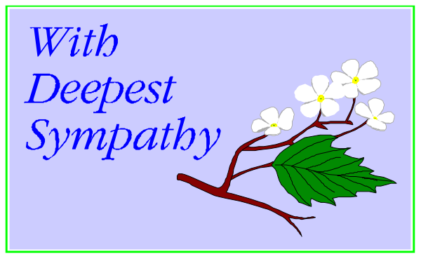 The image shows a banner with text that reads "with deepest sympathy" atop an illustration of flowers on branches against a blue background.