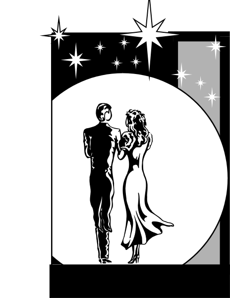 The image shows a black and white illustration of an astronaut couple dancing under a starry sky with a moon in the background.