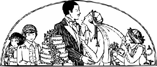 The black and white illustration depicts a group of stylized figures that appear to be engaged in various activities such as dancing, standing around each other, and possibly interacting with one another within an architectural structure resembling a building facade.