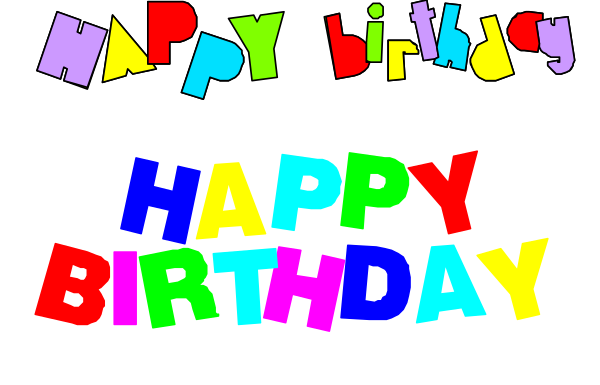 The image shows a birthday greeting with colorful letters spelling out "Happy Birthday" above an exclamation point that says "happy." Below this is another line of text in different colored fonts reading, from left to right: "birth," "year old," and the word "BIRTHDAY!" The background appears dark.