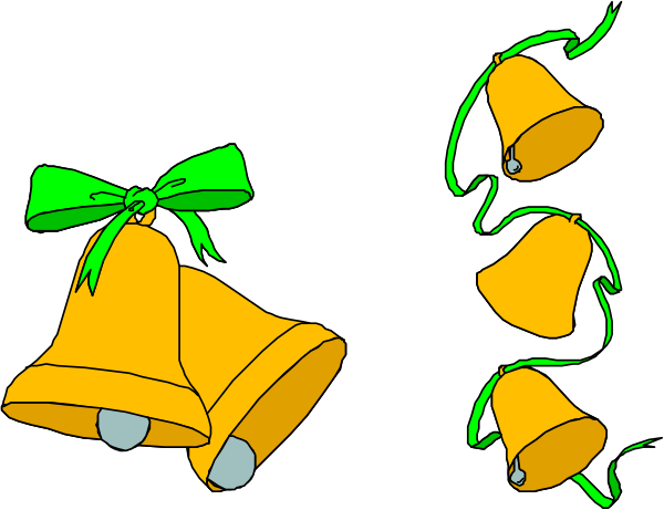 The image shows a collection of bells with ribbons tied around them against a black background on top left corner; below it is an illustration in yellow color depicting three bell-shaped objects hanging from what appears to be a string, each adorned with green and red decorations.