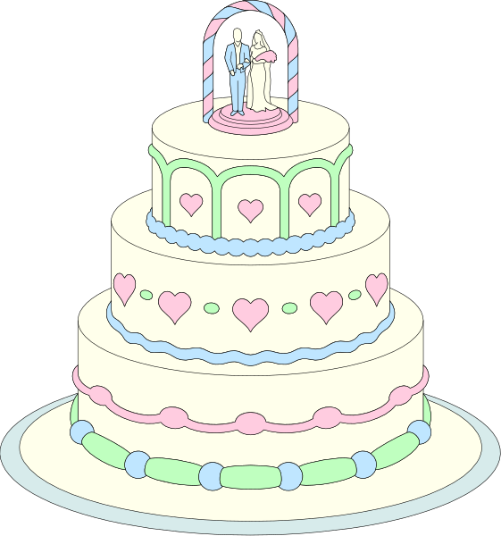 The images show a wedding cake with two different designs: on top left, it's an illustration of a three-tiered white cake decorated in pastel shades; below right is another image showing the same design but this time adorned with pink and blue hearts around its base.
