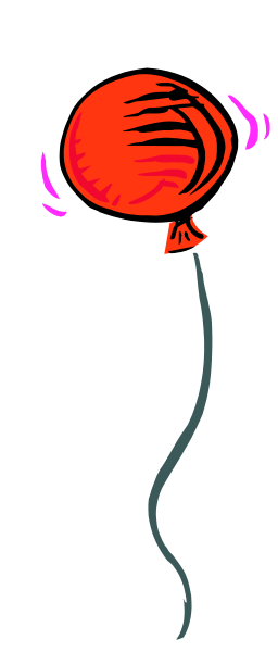 The image shows a red balloon floating near an open window with curtains on either side of it against a dark background.