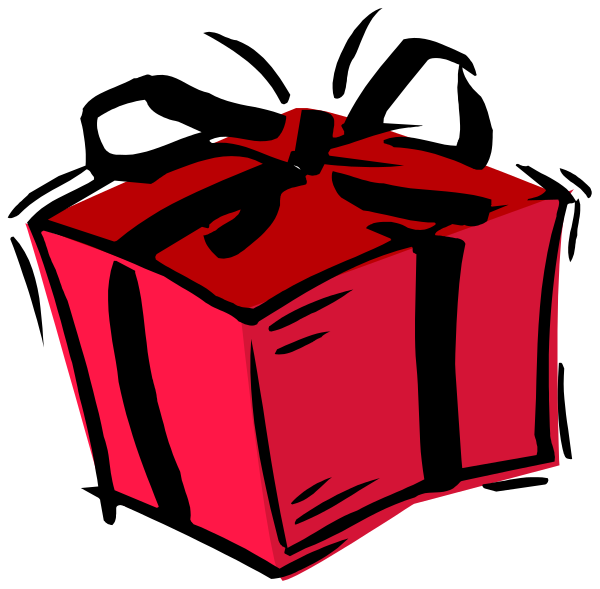 The image shows a red gift box with white ribbon on top of it against a black background.