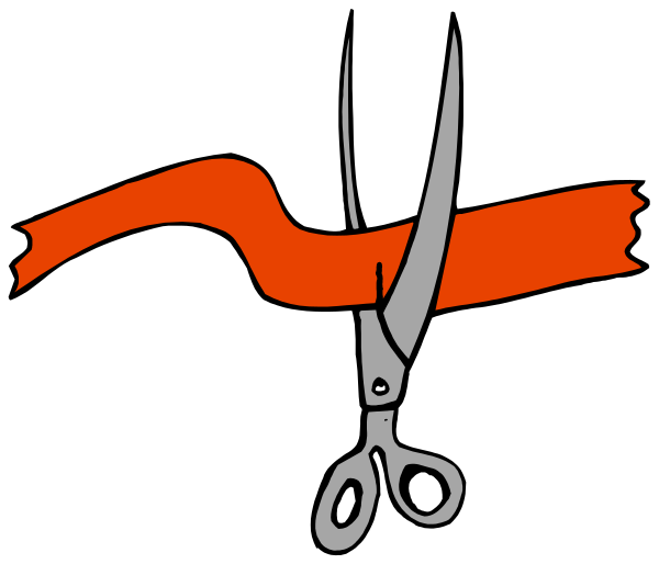 The image shows a pair of scissors with red handles cutting through what appears to be paper that has been folded into an accordion-like shape; there is no text present in this clip-art illustration, and it does not depict any people or animals.