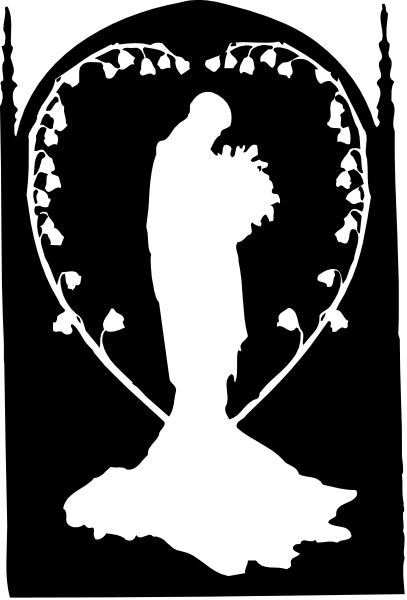 The black and white silhouette of a person holding an object that resembles a heart with decorative elements around it in front of what appears to be water.