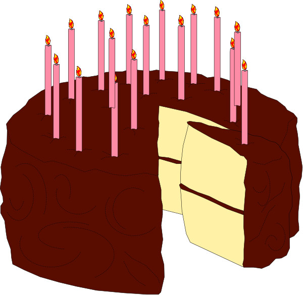 The image shows a birthday cake with candles on top of it placed next to another similar but smaller cake that has been cut into slices; both cakes have pink frosting and yellow candle flames atop them, set against a black background.
