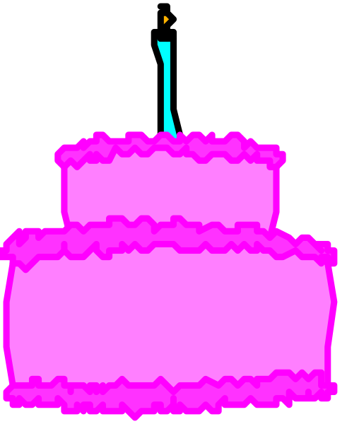 The image shows a pixelated cake with candles on top of it against a dark background.