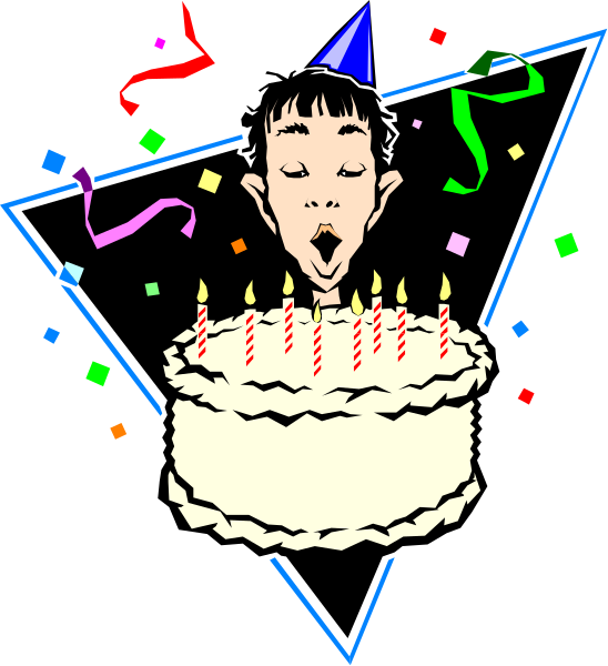 The image shows a birthday cake with candles on it inside an outlined diamond shape, surrounded by confetti-like decorations; above this is a cartoon of someone blowing out the candles while wearing party accessories like a hat and glasses.