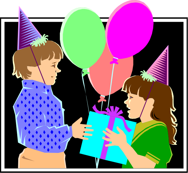 The illustration shows a young boy with brown hair wearing glasses standing next to an adult woman who is holding balloons; both individuals appear surprised as if receiving gifts from each other in front of a birthday cake that has candles and presents around it, suggesting a celebration or special occasion like a child's birthday.