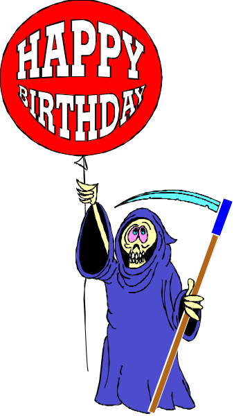 The image features a cartoon depiction of an elderly woman holding up a sign with "Happy Birthday" written on it in red letters against a black background. She is wearing glasses and has gray hair, dressed as a witch complete with pointed hat and broomstick.