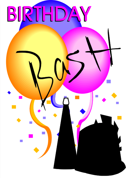 The image shows a birthday greeting with balloons that spell out "BEST" above two party hats on either side of text reading "Happy Birthday."
