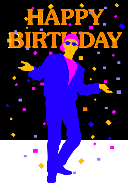 The image shows a colorful birthday card with confetti background featuring an illustration of a person dancing on it.