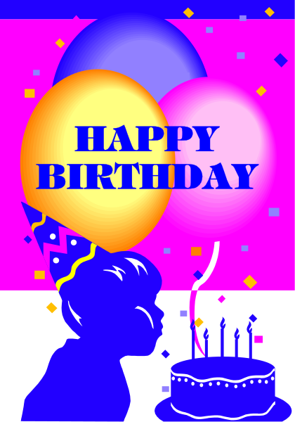 The image shows a birthday card with balloons on top of it featuring an illustration of a cake with candles inside and text that reads "Happy Birthday."