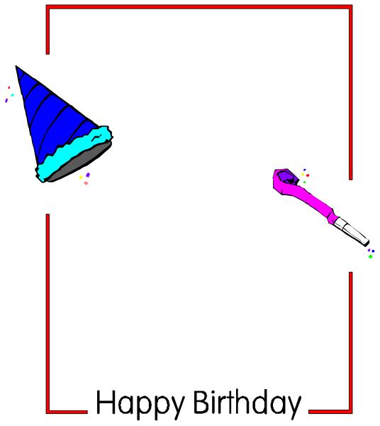 The image shows a black background with two colorful party hats on either side of what appears to be an open book in the center; there is no text present within this small clip-art graphic.