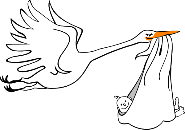 The black and white cartoon shows a stork carrying an egg with its beak while flying over another bird that is sitting on top of what appears to be a nest made from fabric strips; both birds have human-like faces, suggesting anthropomorphism.