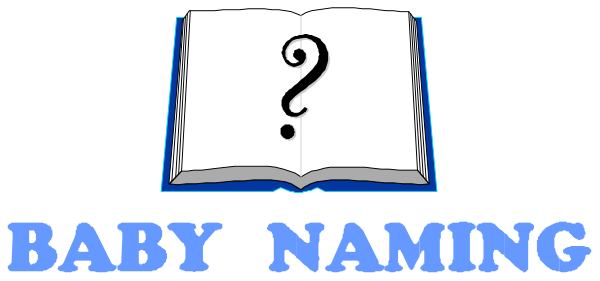 The image shows a graphic of an open book with text that reads "BABY NAMING" above it on top right corner in blue font against white background. Below this title is a magnifying glass icon, suggesting searching for baby names within its pages.