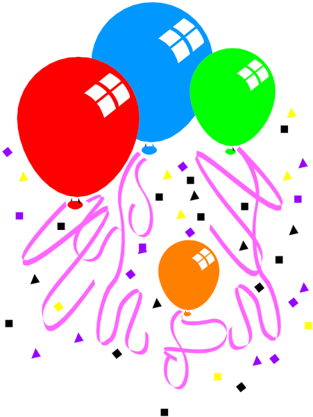 The image shows a colorful bunch of balloons with streamers floating above them against a dark background; there is no text present in this clip-art illustration.