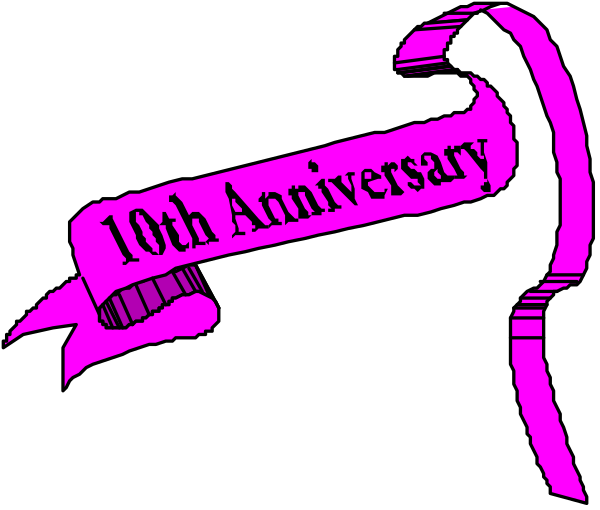 The black background features a pink ribbon with text that reads "10th Anniversary" on it, indicating an event celebrating 10 years of something. There is also some sort of graphic element resembling a stylized hand holding scissors in front of the ribbon and above the word 'Anniversary'. The overall style suggests this could be part of promotional material for such an anniversary celebration or commemoration event, possibly related to crafts given the presence of what appears to be a pair of scissors.