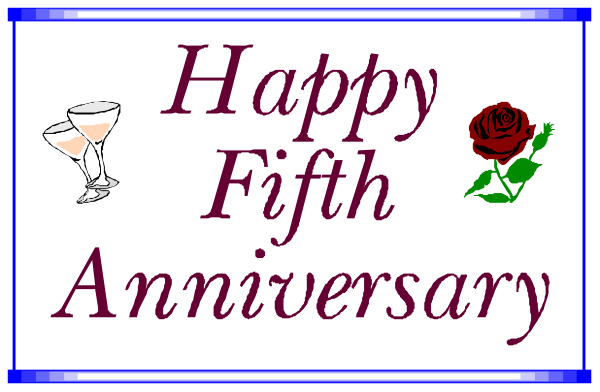 The image shows a digital greeting card with text that reads "Happy 5th Anniversary" at top right corner of an illustration featuring two roses on either side of a martini glass in center, and below it is another line saying "Fifty years together." There's also the word "anniversarY" written across the bottom. The background color appears to be blue with white text for contrast.