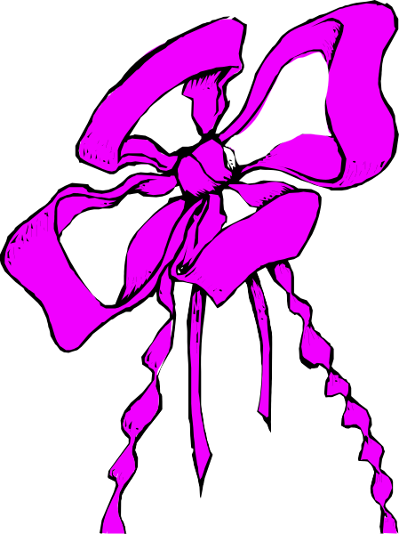 The image shows a purple bow with pink ribbons tied around it on top of what appears to be an object that resembles a dress form in black and white tones against a grey background.