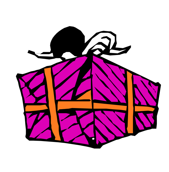 The image shows a purple gift box with an orange ribbon tied around it, placed on top of what appears to be wrapping paper that has been crumpled up in one corner.